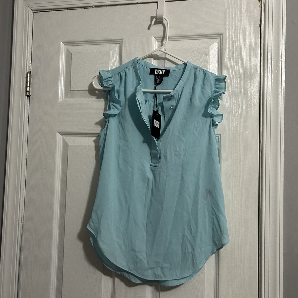 DKNY Light Aqua Blue Ruffle Sleeve Blouse - Women's Size Small NWT